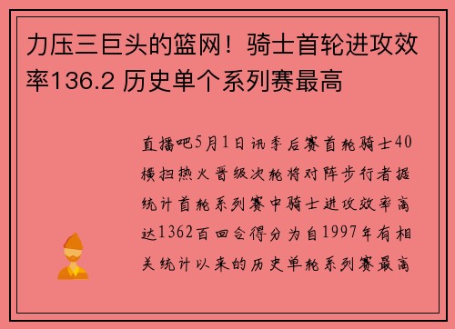 力压三巨头的篮网！骑士首轮进攻效率136.2 历史单个系列赛最高