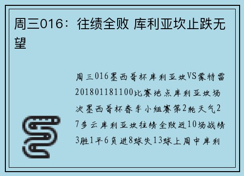 周三016：往绩全败 库利亚坎止跌无望